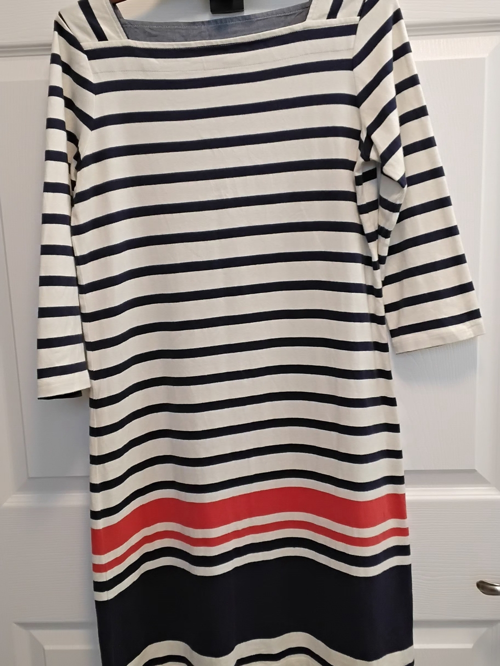 L.L. Bean Navy, White & Red Striped Nautical Boatneck Midi Dress